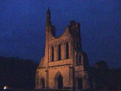 Byland Abbey lit up by night