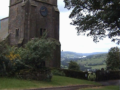 View past the church towards Gouthwaite Reservoir