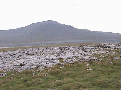 Ingleborough over the limestone pavement from Hard Rigg