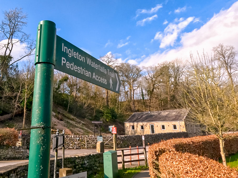 The footpath sign marking the entrance to the Ingleton Waterfalls Trail