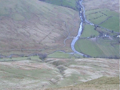 View down Pickering Gill to the cars parked below